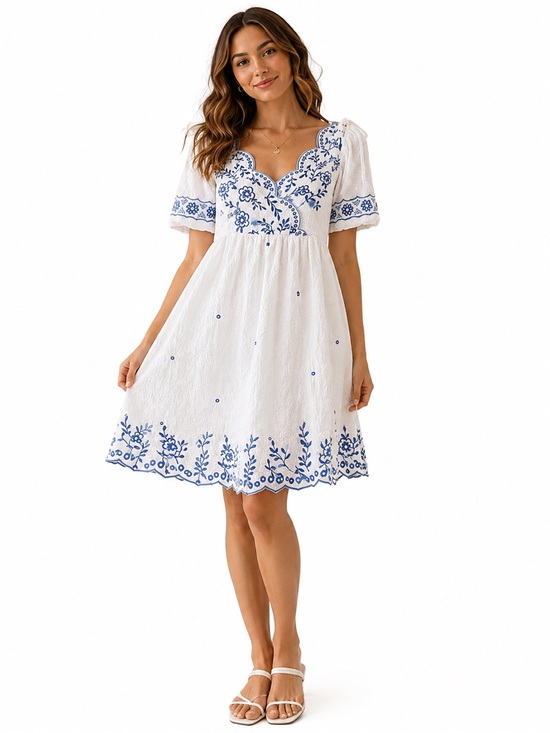 Savanna Jane Dresses & Skirts - White & Blue Embroidered Puff-Sleeve Mini Dress